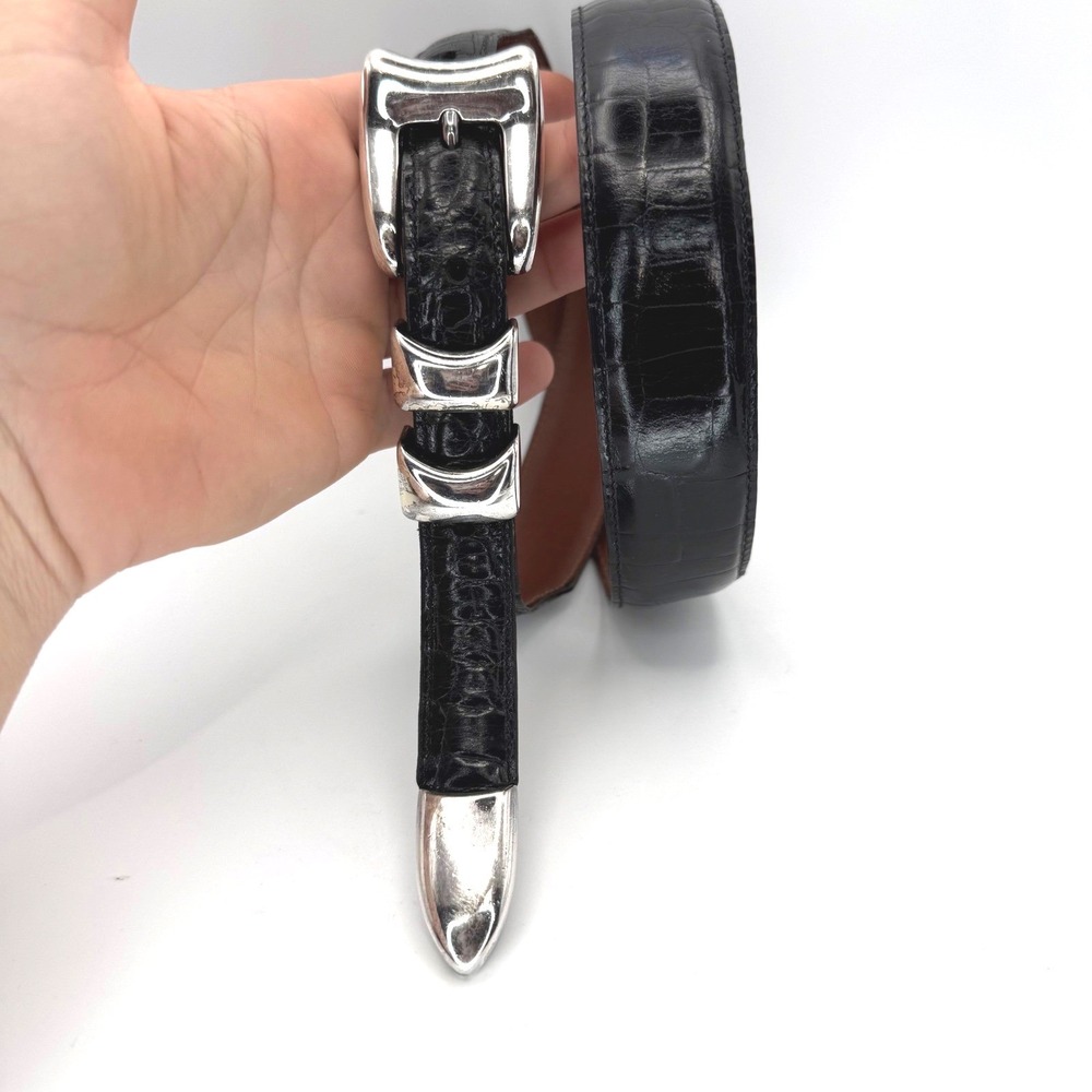 Crookhorn Crocodile Black Leather Belt Silver Hardware Spain Womens 36/90